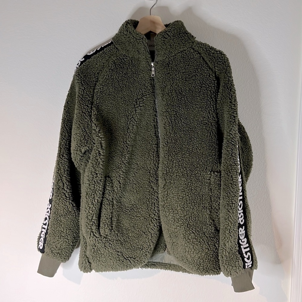 Asics Tiger oversized teddy coat olive green size small